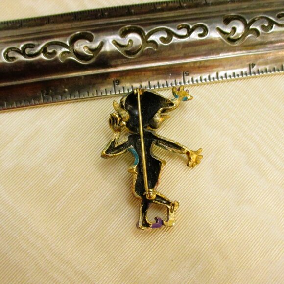 TORTOLANI 24KGP Enamel Pixie Elf Brooch~ DESIGNER Teal Plum Gold Figural Elf Pin - Picture 14 of 14